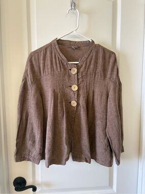 Relaxed Button-Front Linen Blend Top in Brown